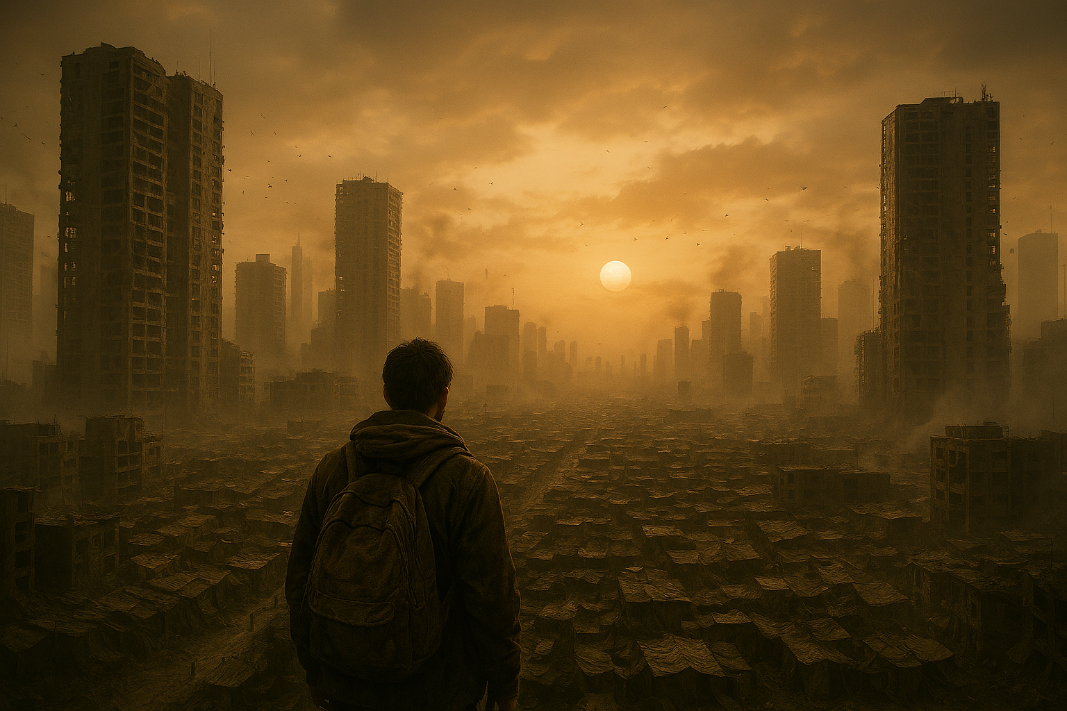 A lone person with a backpack stands on an overlook, facing a vast, densely packed city of decaying high‑rise buildings under a hazy, polluted sky, with the sun low on the horizon casting an orange glow over the smog‑filled urban landscape.